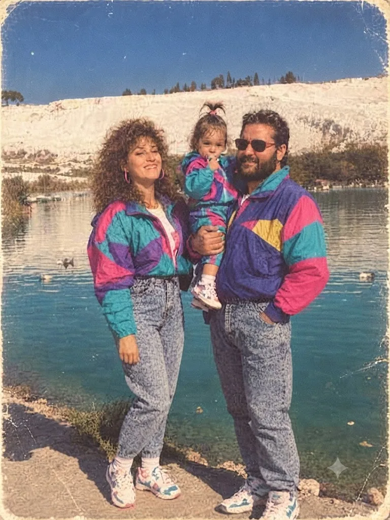 The 1990s Family Trio: A Retro Acid-Wash Portrait