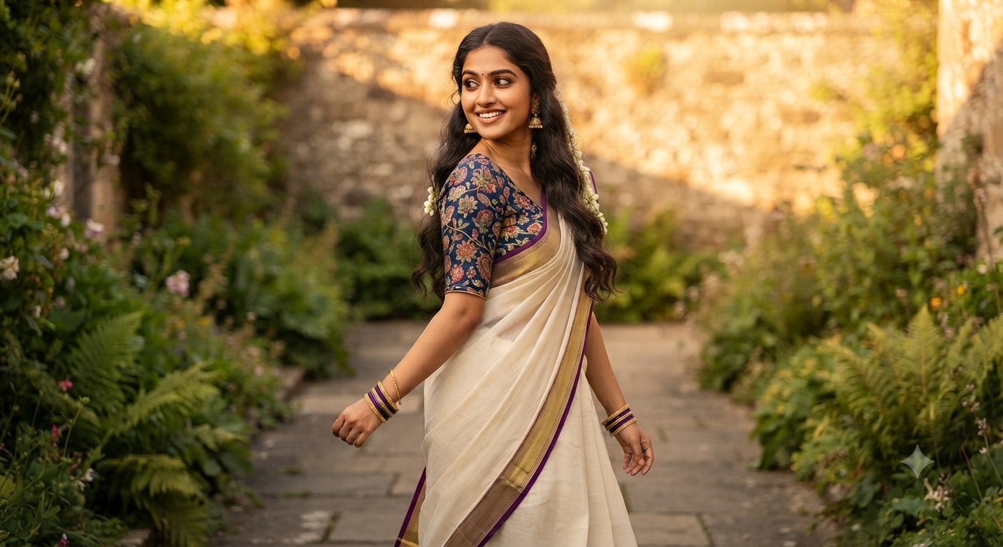 Garden Pathway Kasavu Saree Portrait