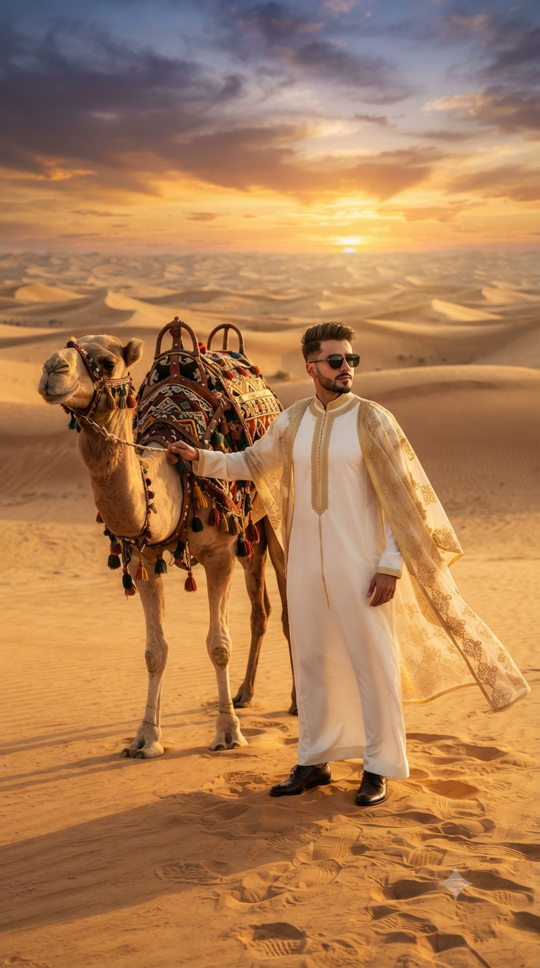 Cinematic Desert Photography — Desert Sunset Golden Thobe Editorial Portrait