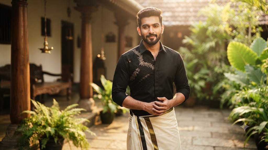 Black Embroidered Shirt and Veshti Portrait