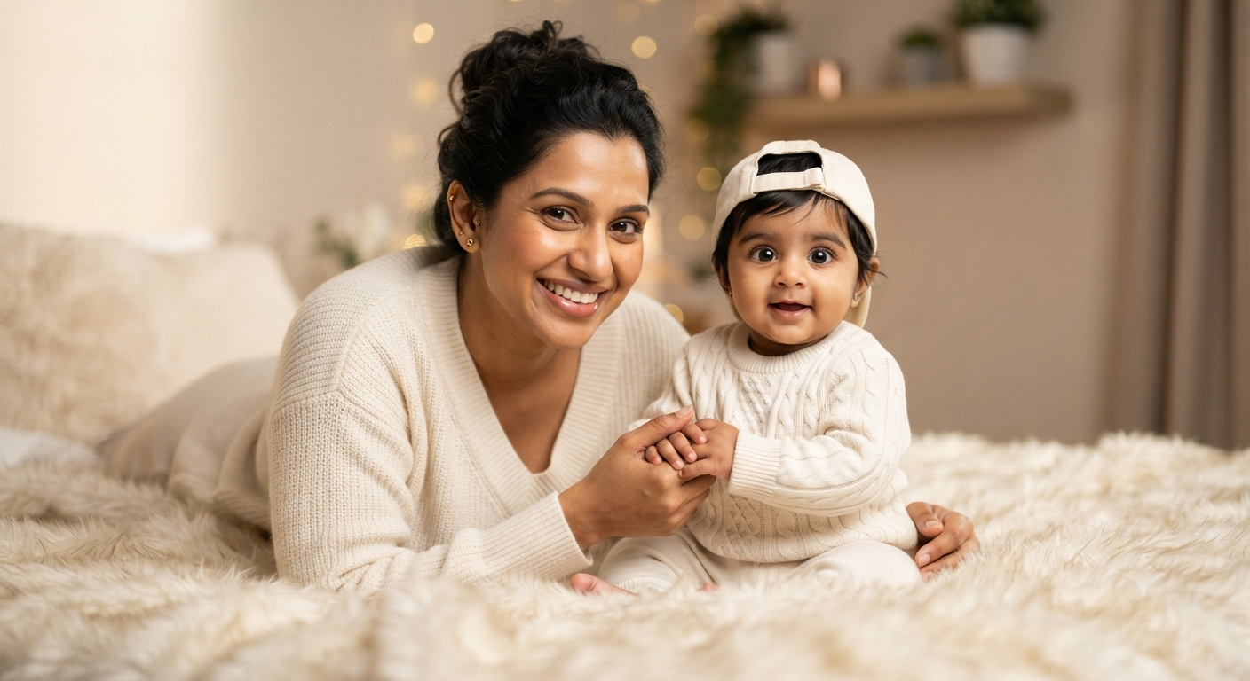 Cream Comfort: Medium-Shot Mother and Baby Faux-Fur Studio Portrait