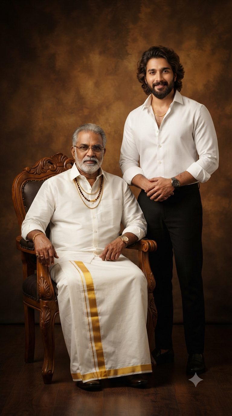 Generational Legacy: Three-Quarter Seated Father and Adult Son Fine Art Studio Portrait