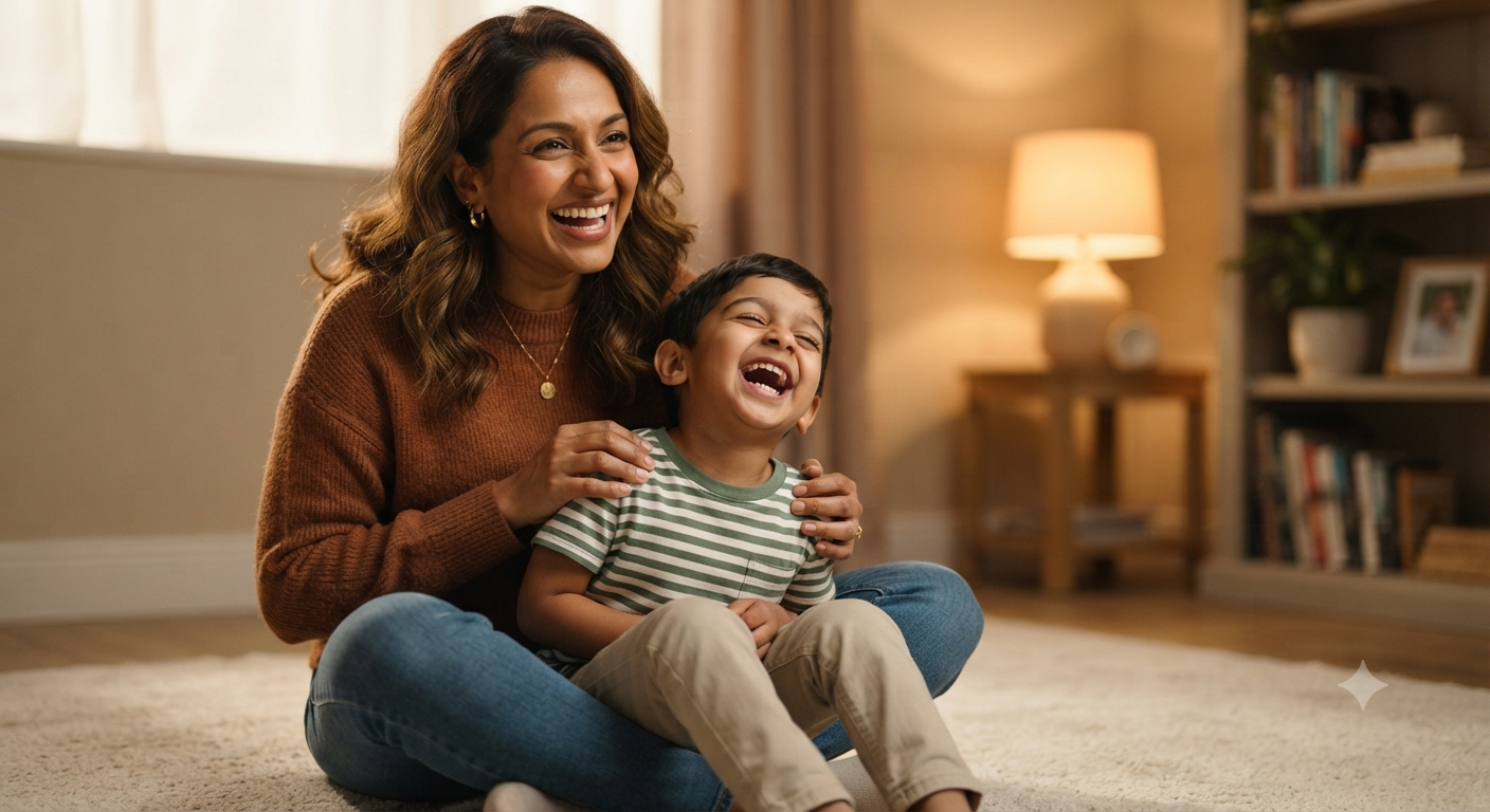 Joyful Laughter: Medium-Shot Mother and Son Floor Lifestyle Portrait