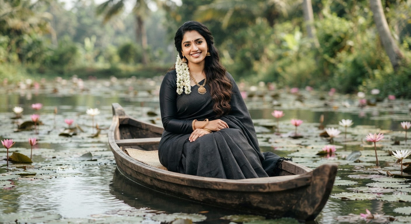 Lotus Pond Boat Saree Portrait