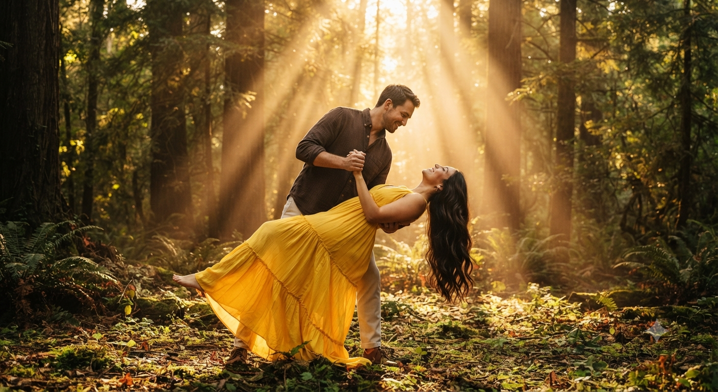 Golden Hour Forest Romance: The Yellow Dress Dip