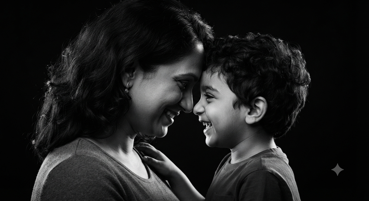 Chiaroscuro Silhouette: Close-Up Black and White Mother and Son Profile Portrait