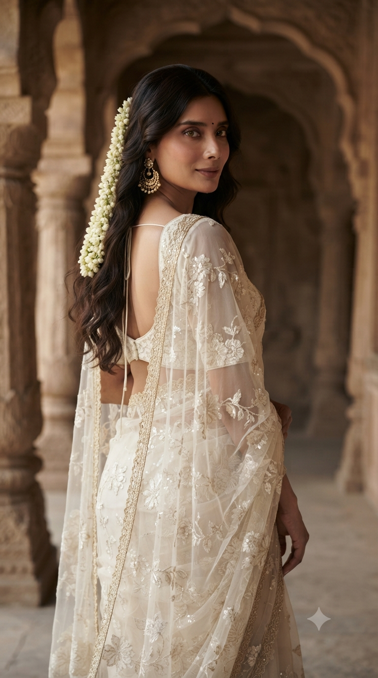 Heritage Arch: Three-Quarter Over-the-Shoulder Ivory Saree Editorial