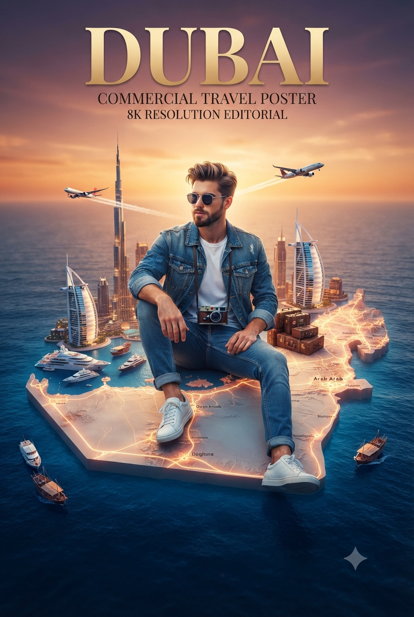Dubai Miniaturized Floating Map Commercial Travel Poster — Dubai Map and Denim Jacket Travel Poster