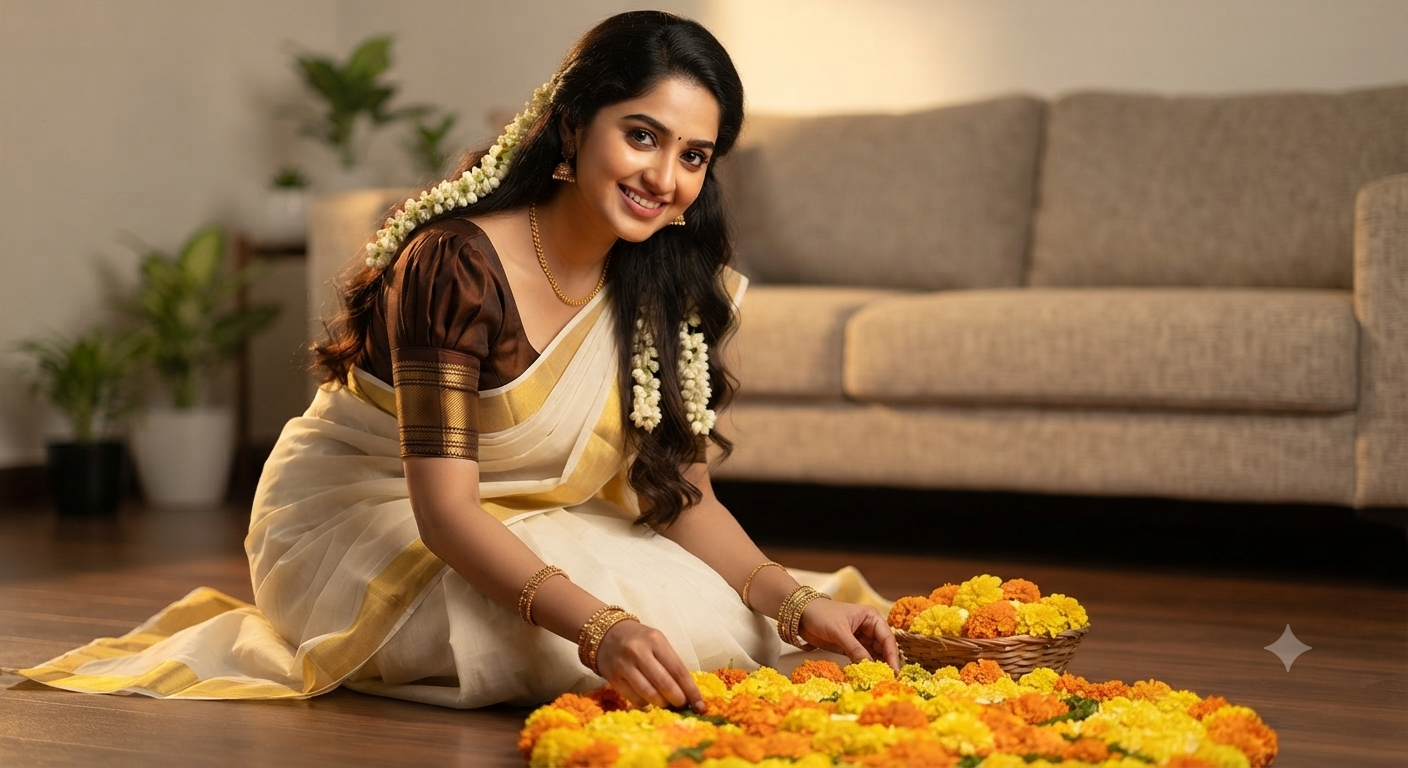 Brown Puff-Sleeve Blouse Kasavu Saree Portrait