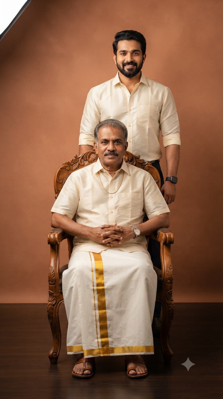 Regal Roots: Full-Length South Indian Father and Son Studio Portrait