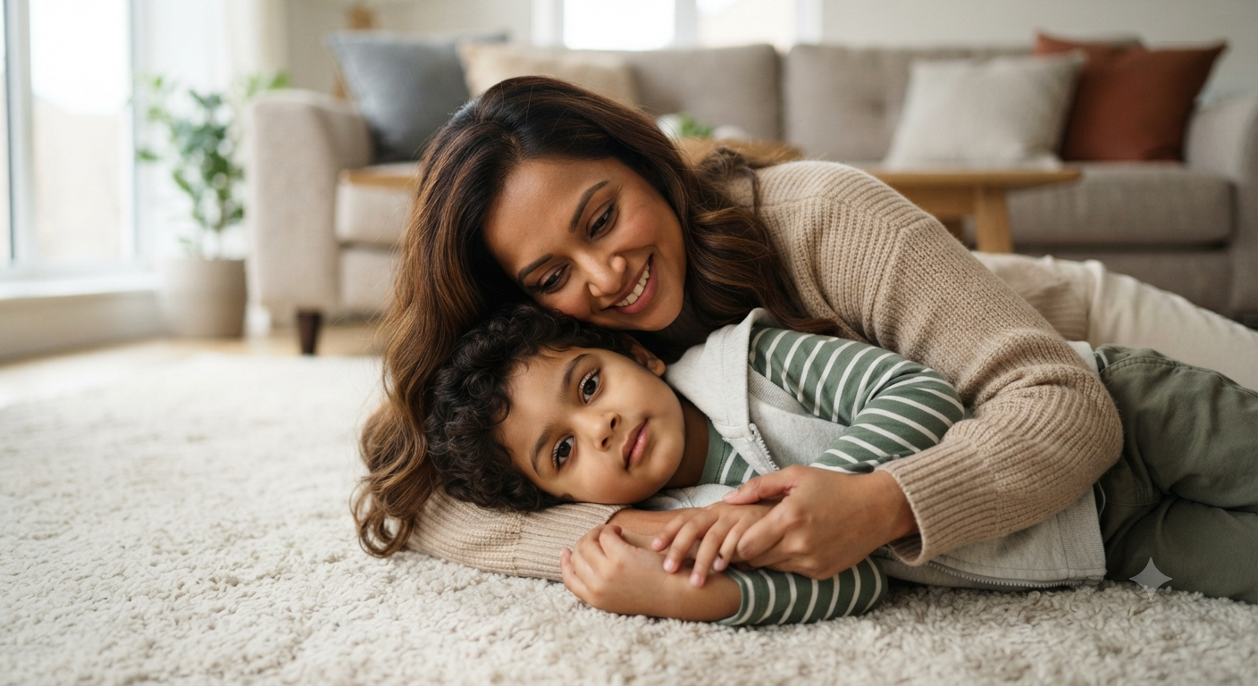 Cozy Embrace: Medium-Shot Mother and Son Carpet Floor Indoor Portrait
