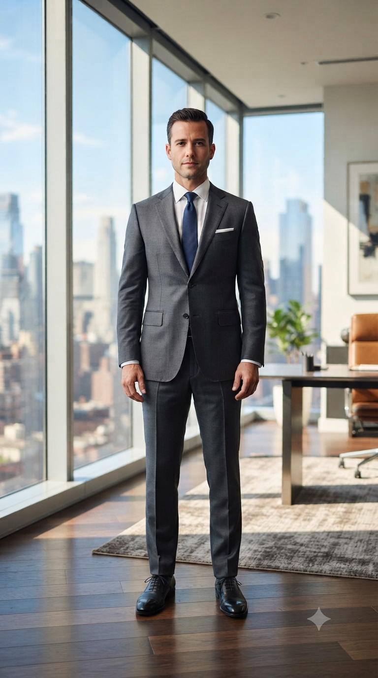 Charcoal Suit Executive Corner Office Portrait