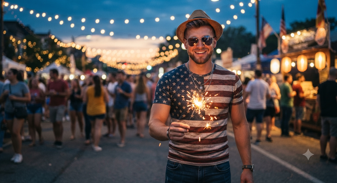 Twilight Festival American Flag Sparkler Portrait