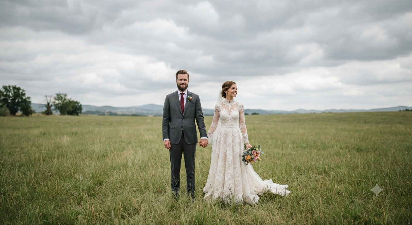 Open Grassy Field Wide-Angle Newlywed Portrait