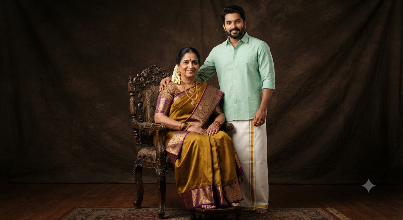 Golden Heritage: Full-Length South Indian Mother and Adult Son Studio Portrait