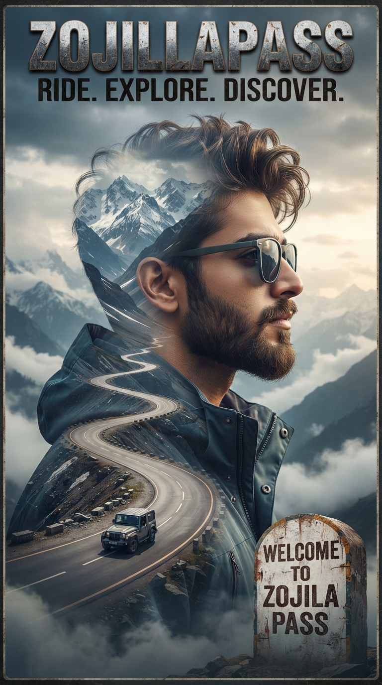 Creative Double Travel Poster Design — Zojila Pass Double-Exposure Adventure Travel Poster