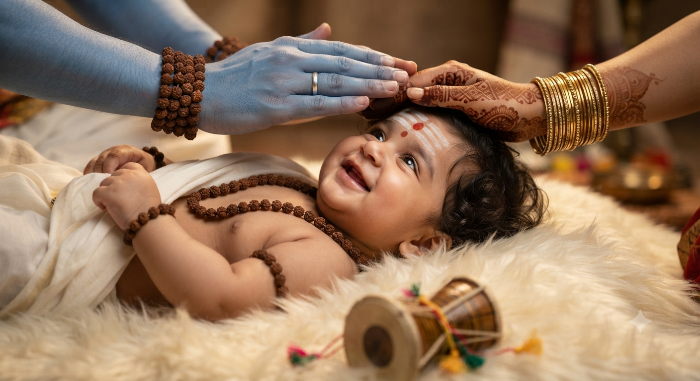 Divine Blessing: Close-Up Baby and Deity Hands Portrait