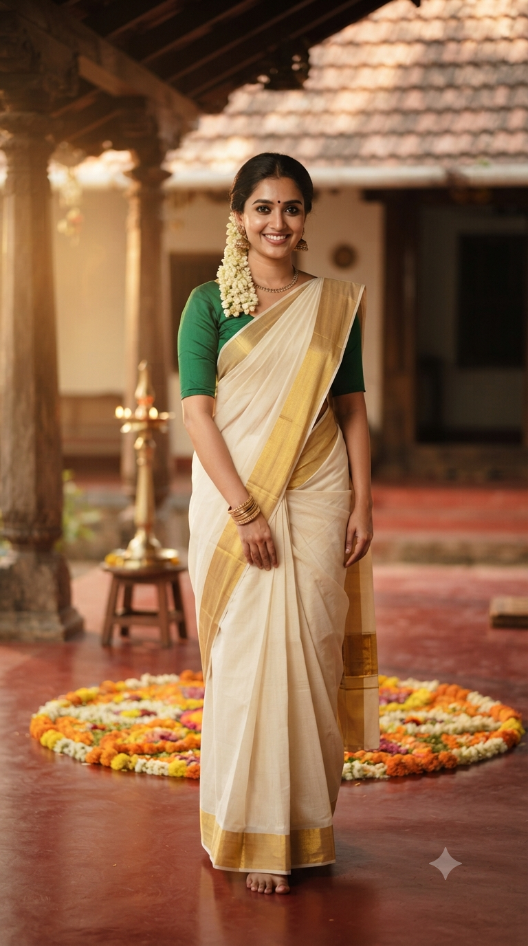 Veranda Emerald Blouse Kasavu Saree Portrait