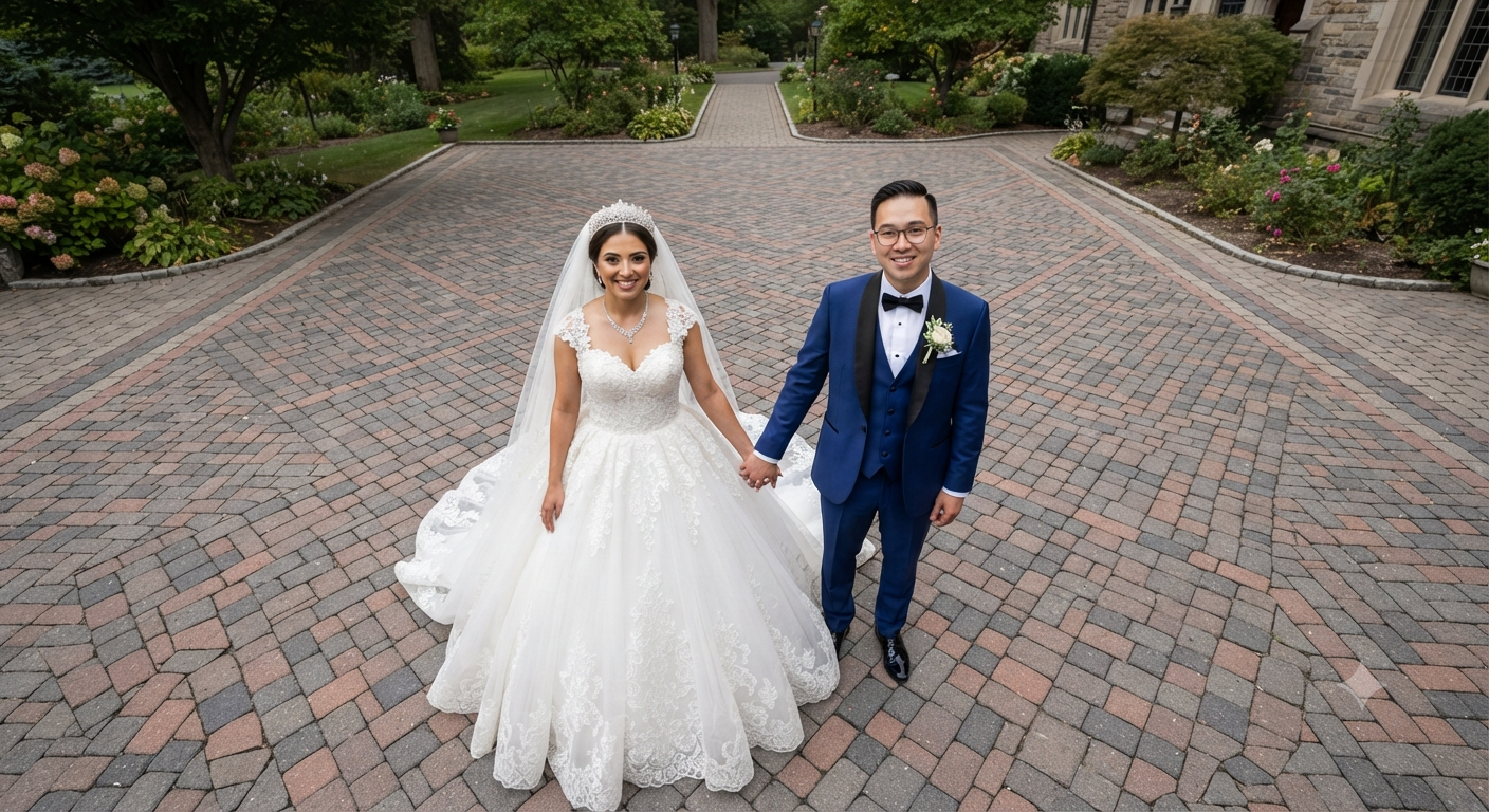 Interlocking Brick Courtyard High-Angle Newlywed Portrait