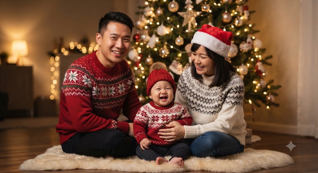 Cozy Family Christmas Portrait with Baby
