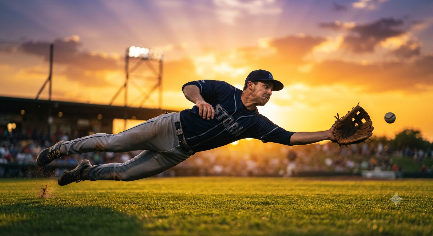 Youth Sports Photography — Sunset Diving Catch Baseball Silhouette