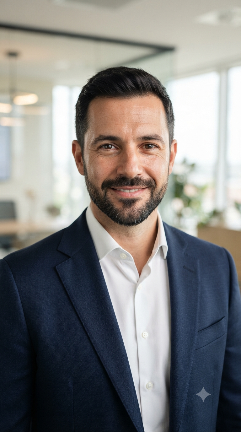 Navy Blue Suit Open Collar Executive Headshot