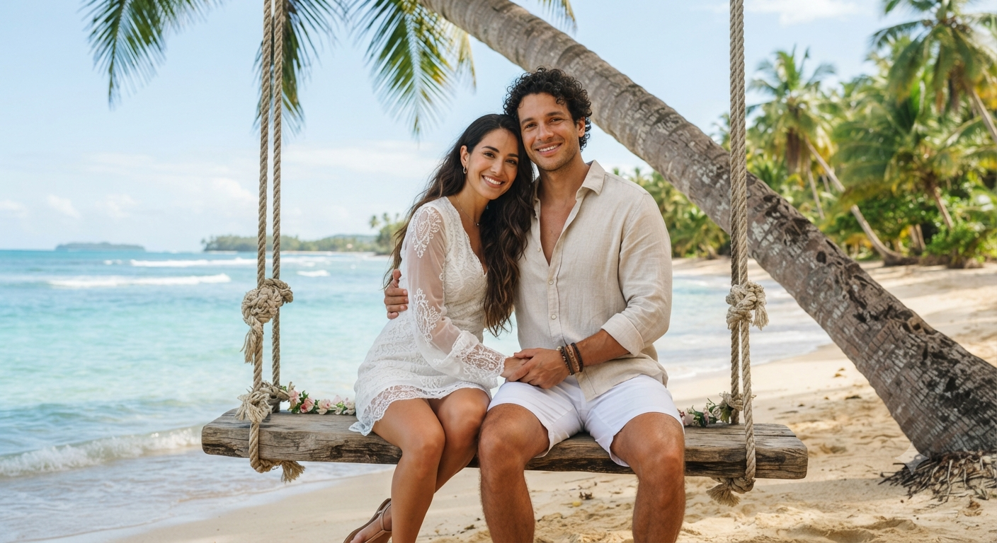 Tropical Beach Rope Swing Couple Portrait