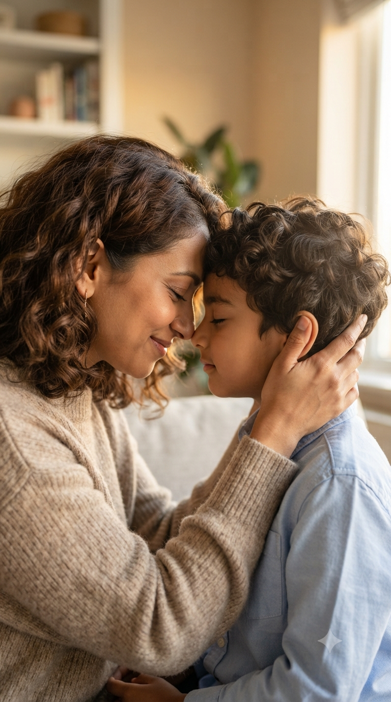 Quiet Bond: Close-Up Mother and Son Forehead Touch Indoor Portrait