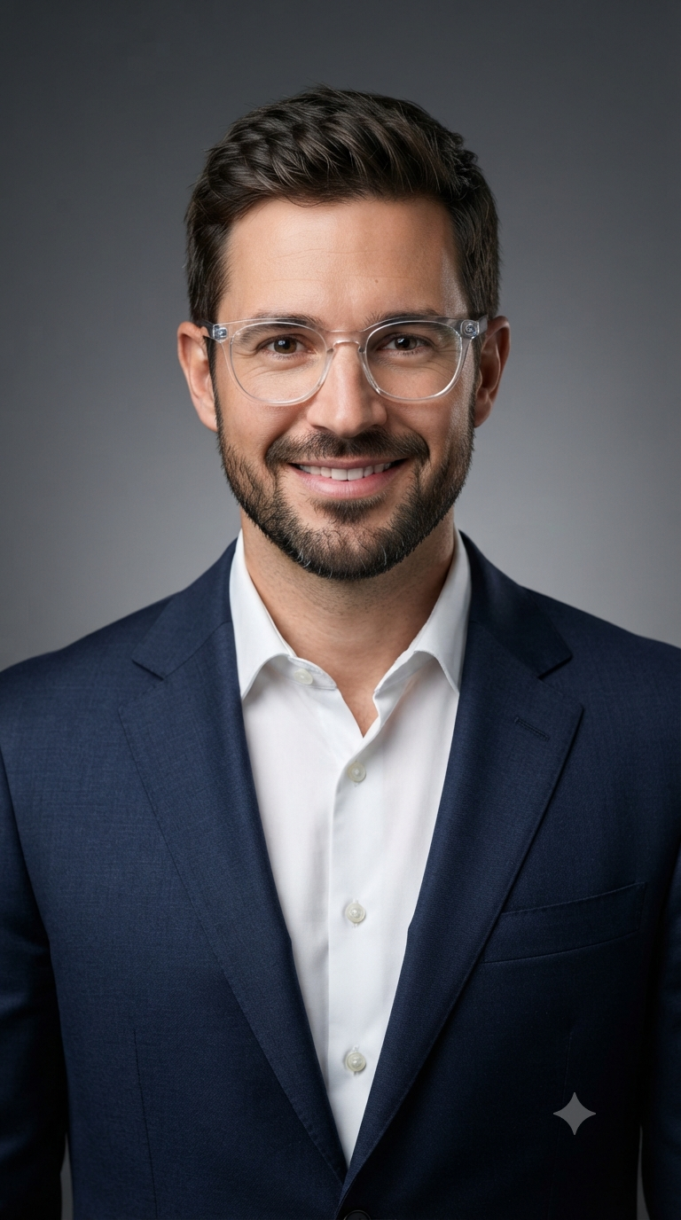 Transparent Frames Navy Suit Executive Studio Headshot