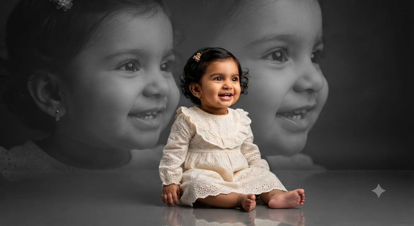 Lace Echo: Conceptual Double-Exposure Studio Portrait of Smiling Baby Girl