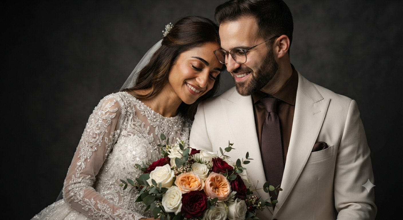 Cream Suit and Burgundy Roses Studio Wedding Portrait
