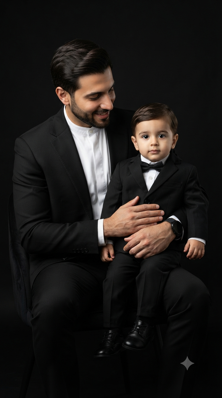 Black Tie Bond: Three-Quarter Seated Father and Son Formal Studio Editorial