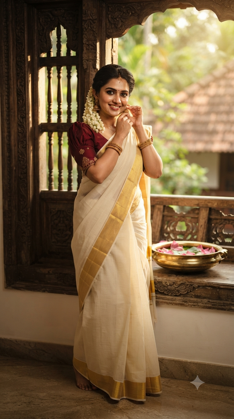 Carved Window Kasavu Saree Portrait
