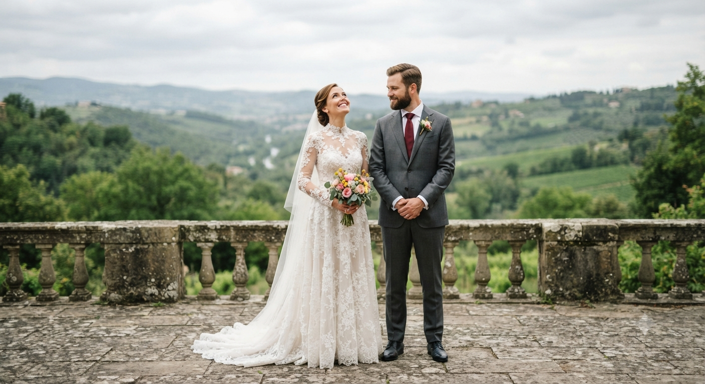 Scenic Hillside Terrace Newlywed Portrait