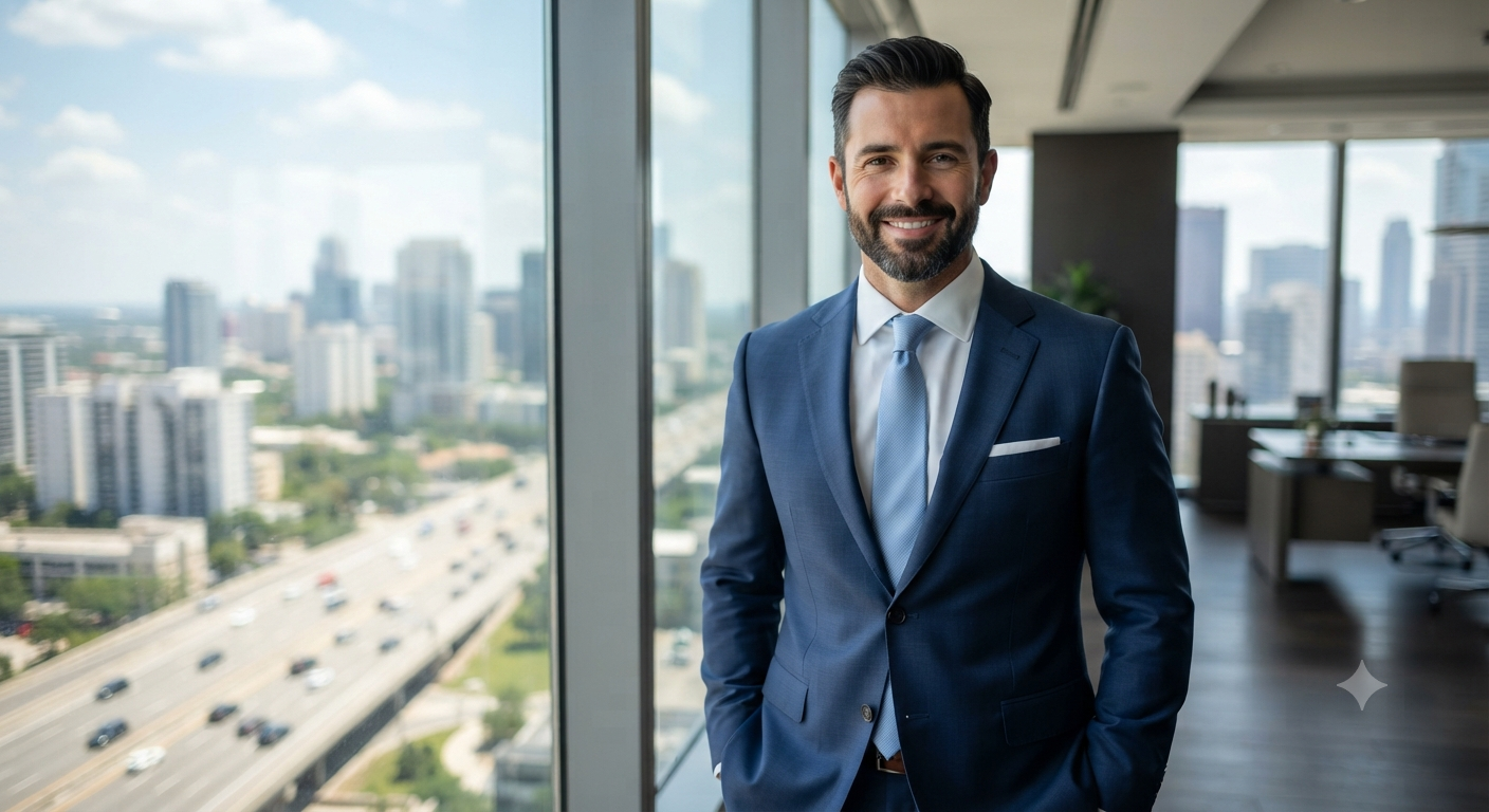 Blue Suit High-Rise Skyline Executive Portrait