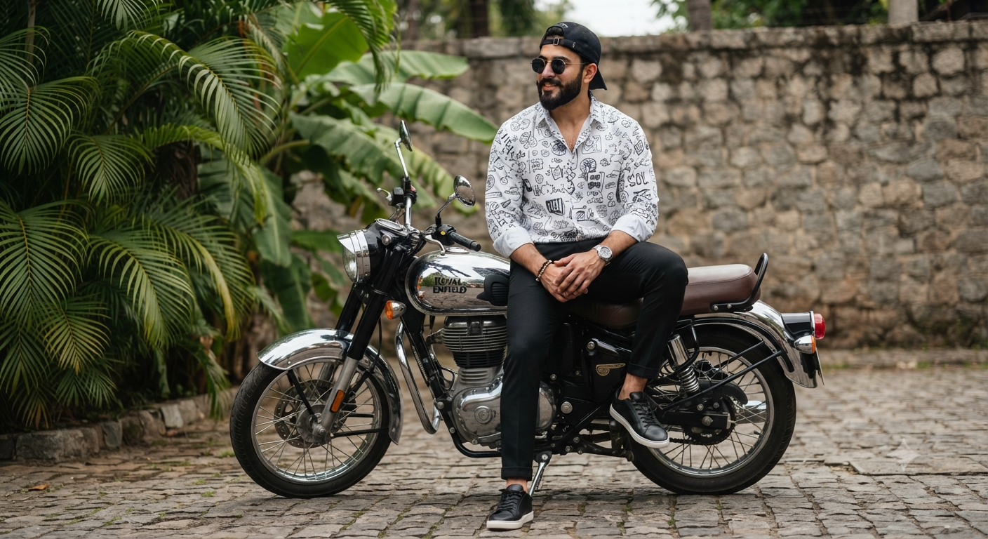 Textured Wall & Palm Foliage Royal Enfield Portrait
