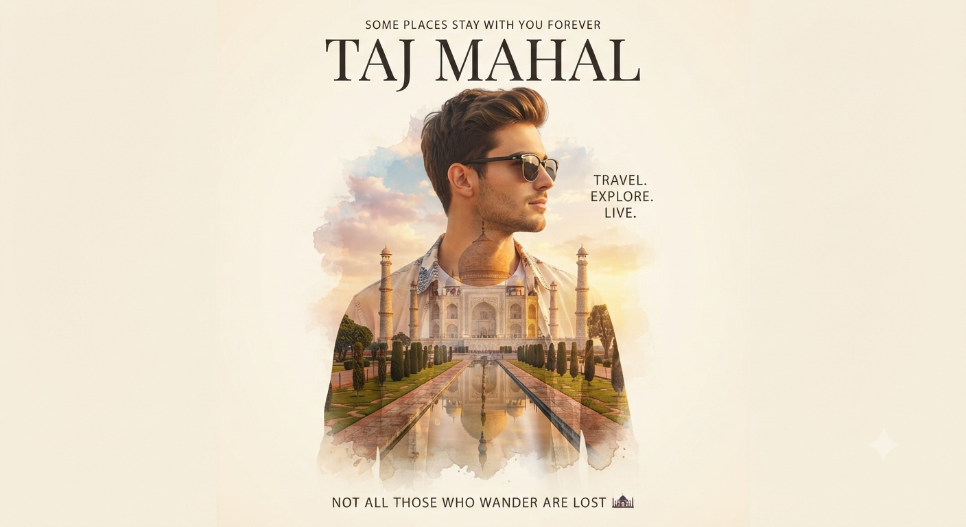 Taj Mahal Golden Hour Double-Exposure Travel Poster