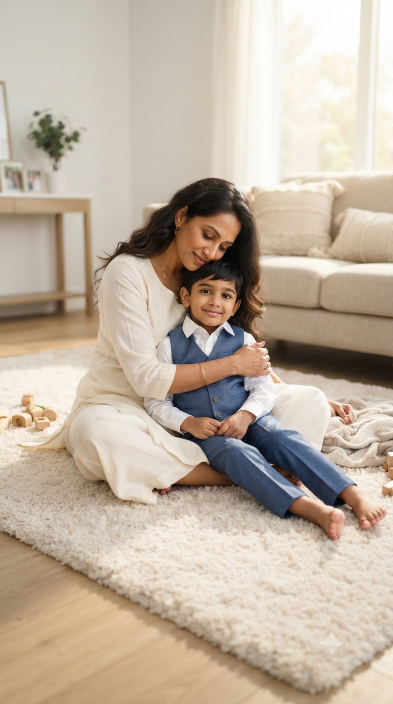 Serene Sanctuary: Full-Body Indoor Mother and Son Living Room Portrait