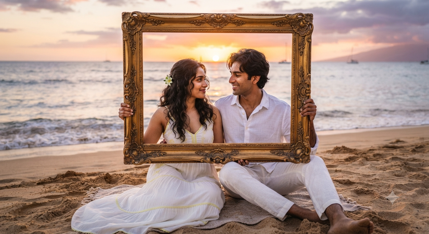 Golden Hour Framed Romance: The Beach Portrait