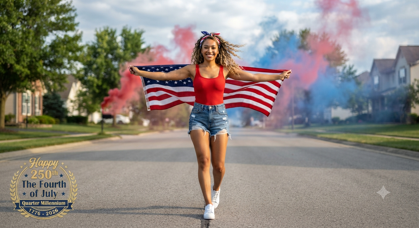 Quarter Millennium Celebration: Full-Length Suburban Patriotic Editorial