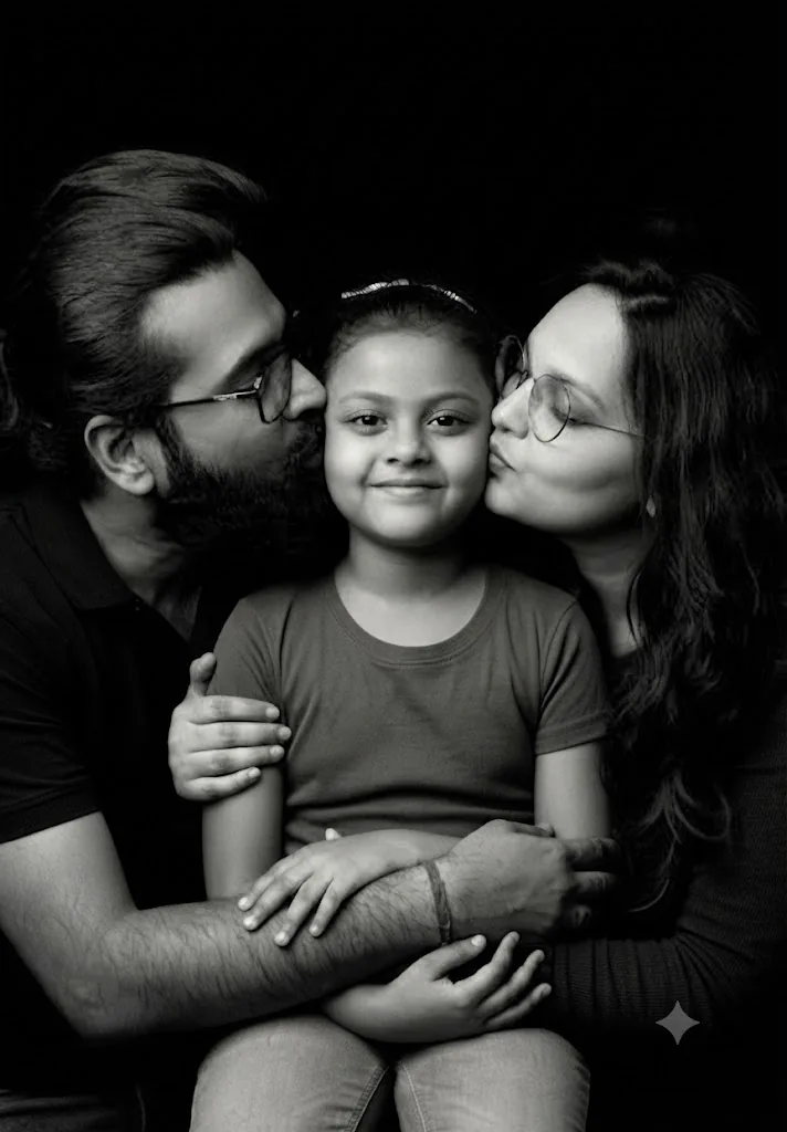 Double Affection: A Candid Monochrome Family Portrait