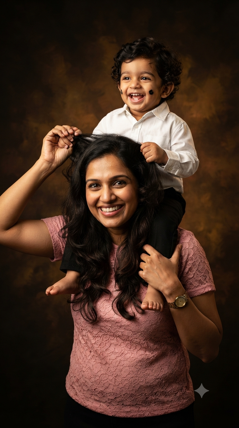 Playful Heights: Medium-Shirt Mother and Toddler Shoulder-Carry Studio Portrait