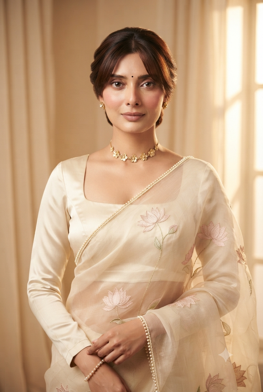 Lotus Grace: Waist-Up Cream Organza Saree Editorial