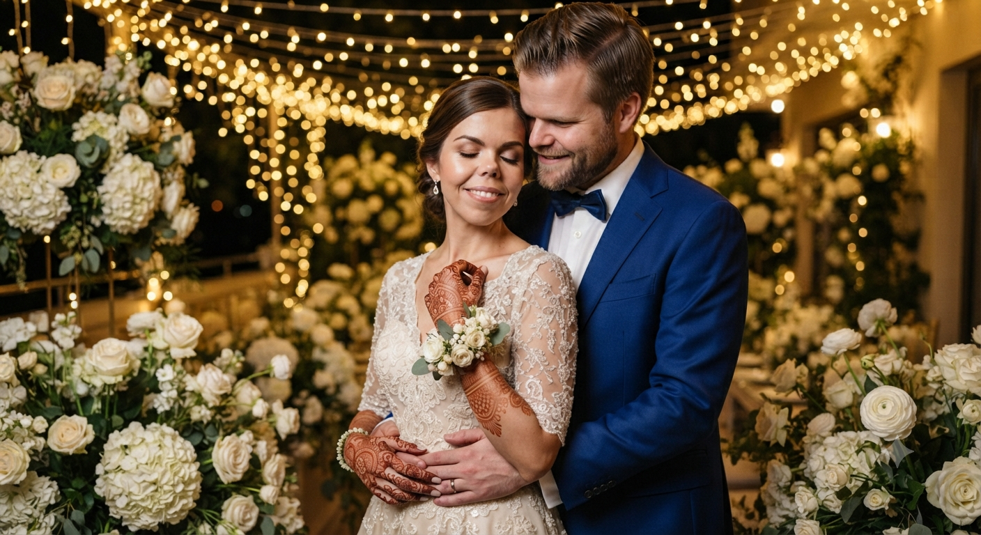 Fairy Lights and Royal Blue Suit Evening Wedding Portrait