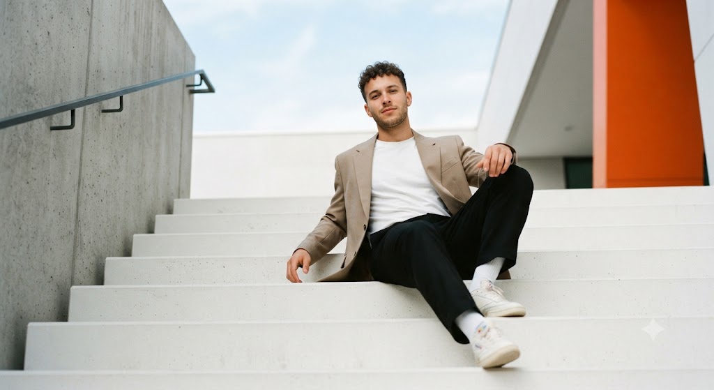 Urban Streetwear — Minimalist Smart-Casual Staircase Portrait
