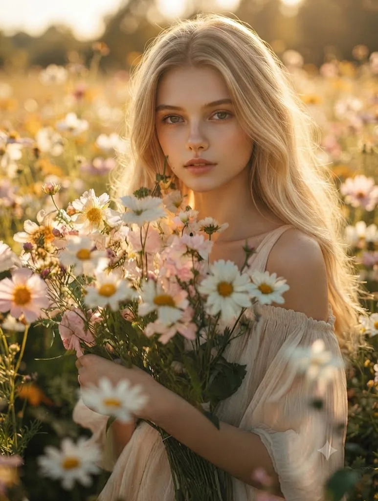 Golden Hour Maiden: A Dreamlike Portrait in a Daisy Field