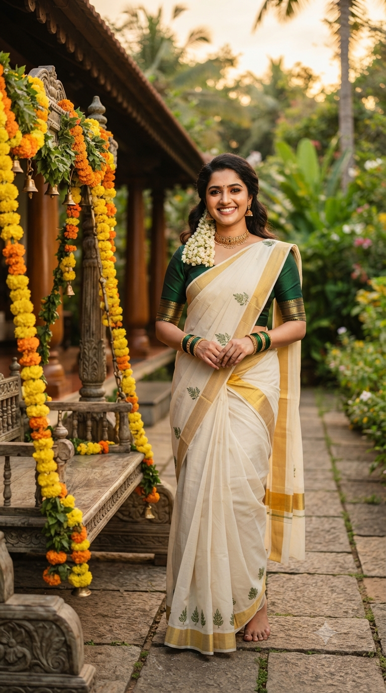 Green Blouse Kasavu Saree Swing Portrait