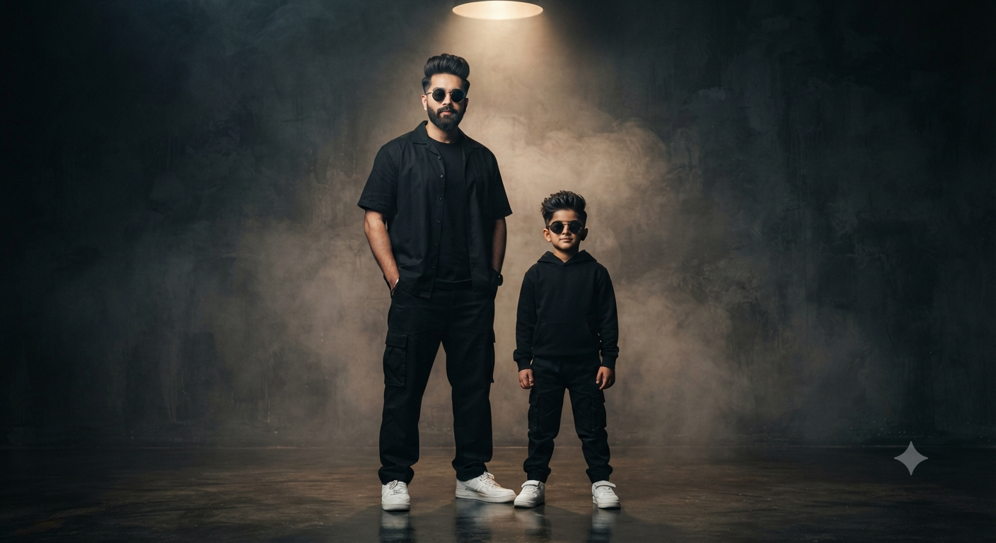 Streetwear Symmetry: Full-Length Father and Son Matching Black Studio Editorial