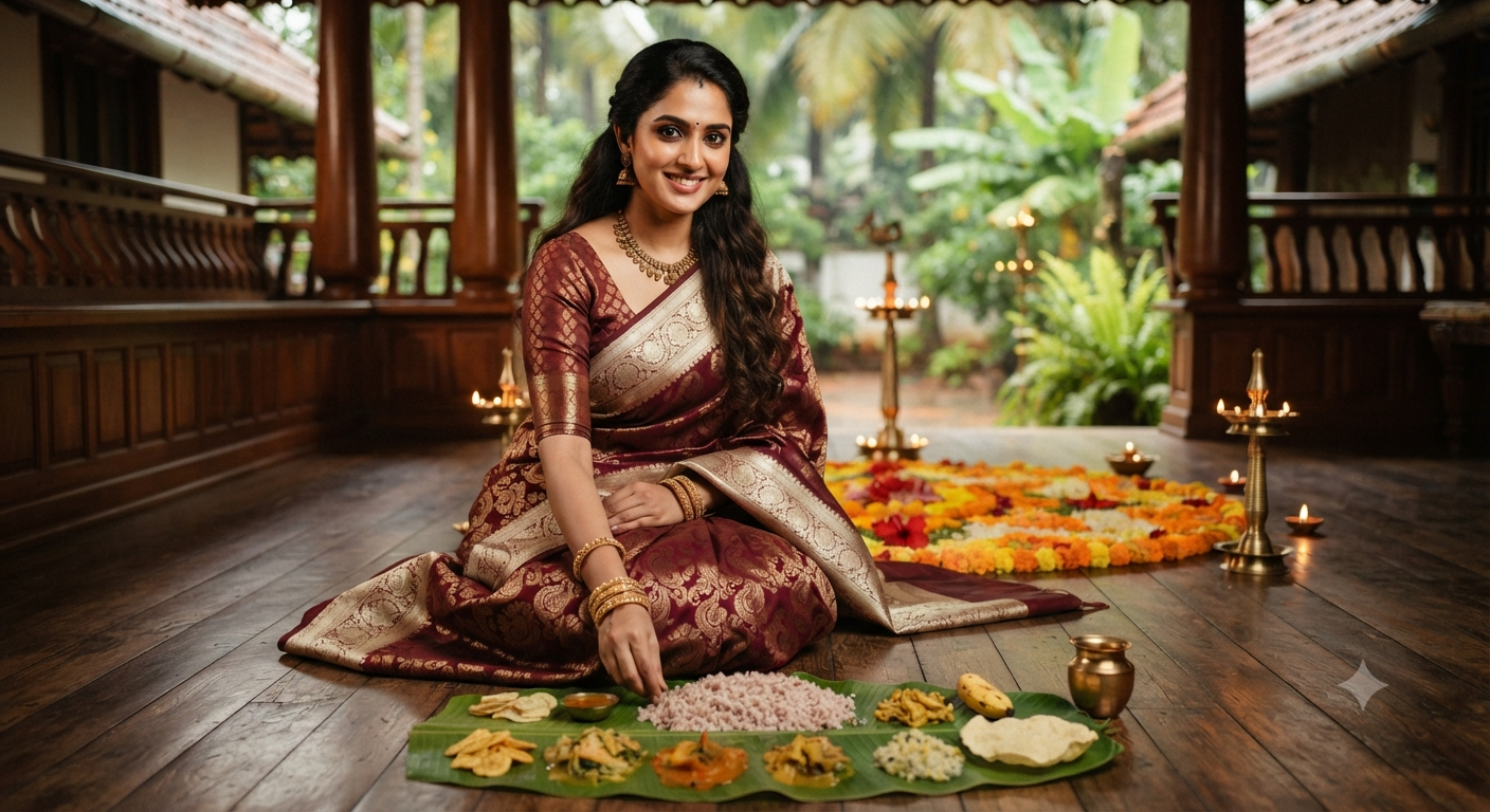Veranda Sadya Feast Maroon Saree Portrait