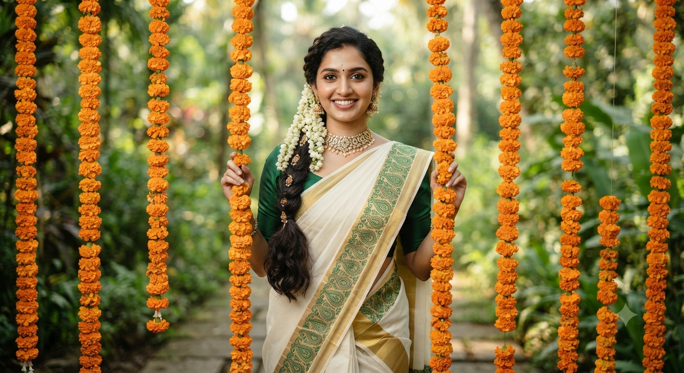 Marigold Garland Green-Motif Kasavu Portrait